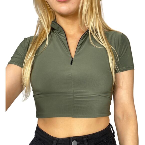 New XS Slinky Army Olive Green Half Zip‎ Short Cap Sleeve High Neck Y2k - Picture 1 of 4